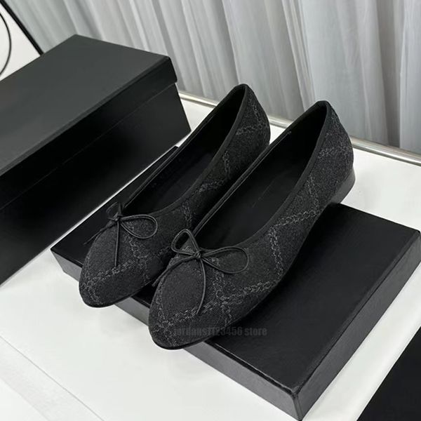 Ballerines en denim imprimées de luxe pour femmes, chaussures habillées en cuir véritable avec nœud papillon, talons bas, chaussures simples formelles noires et bleues