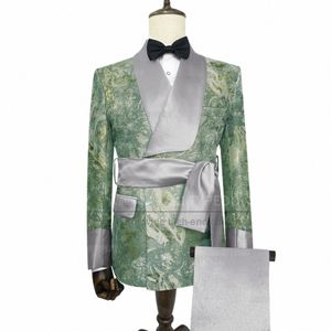 Luxe Afdrukken Mannen Pak Slim Fit Avondfeest Maatwerk Fi Glanzend Jasje Broek en Riem Nieuwe Bruiloft Gala Elegante Smoking Z0wJ #