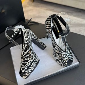 Luxe pumps vrouwen ontwerper High Chunky Heel Rhinestone Sparkly Sandals Deersin Peep Toes Slingbacks Muildieren glijden op loafers echt leer 100% sandaalgespl.