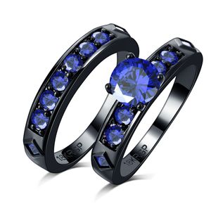 Luxe punk taille brillant diamant bleu mariage couple noir bague ensemble pour femmes bande de fiançailles or 18 carats rempli bijoux d'éternité zircone rouge