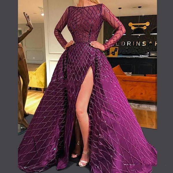 Robes de soirée de luxe violet manches longues bijou perles majeures paillettes jambe fente robe de bal voir à travers robe de soirée robes robes de soirée