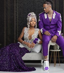 Luxury Purple Sirène Black Girl Prom Robe 2024 Sheer Neck Sequin Sliver Crystal Beading Graduation Formal Party Toi soir Robes de Soriee