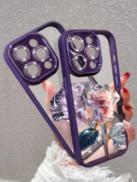 Luxe Purple Pink Rose transparant telefoonhoesje voor iPhone 14 11 12 13 15 Pro Max plus glitter camerlens beschermen acrylhoes