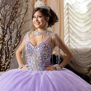 Robe De Quinceanera violette de luxe, robes De princesse De bal, avec perles et pompons en cristal, robes De fête d'anniversaire, 2024