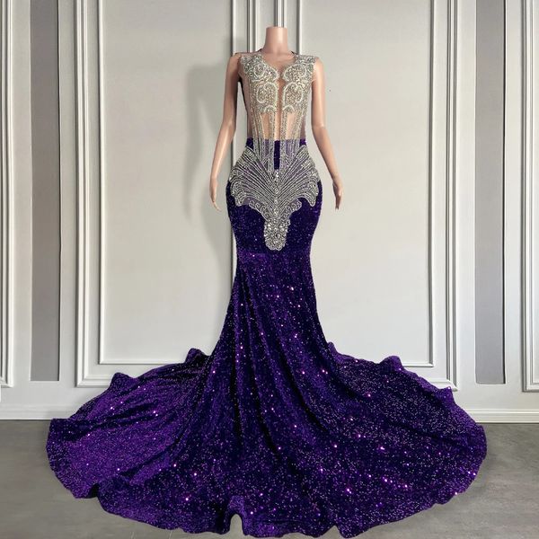 Robe de bal de luxe sirène à paillettes violettes, longue robe de Gala à perles argentées pour femmes noires, 2024, 240226