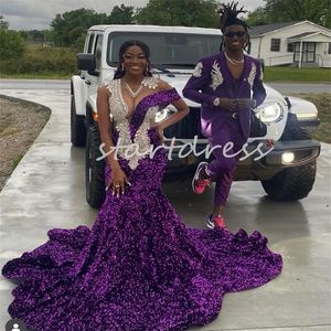 Robe de bal de luxe à paillettes violettes avec cristaux de diamant, épaules dénudées, grande taille, robes de soirée sirène, filles noires, robe de soirée formelle sud-africaine, 2024