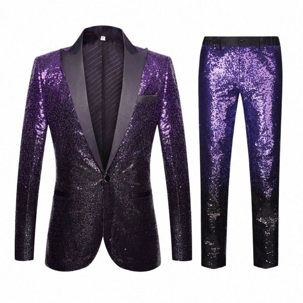 Luxe Purple Sequin Brillant Costume Pantalon Hommes Peak Collier Un Butt Mariage 2pcs Costumes Mens Party Prom Stage Singer Costume Homme k8kj #
