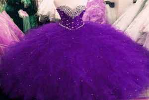 Luxe paarse lieverd kristal kralen baljurk zoet 16 meisjes prom jurken organza ruche long quinceanera jurken7272207