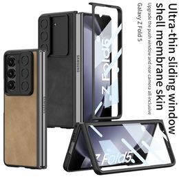 Luxe Push Window Gehard Glas Vogue Telefoonhoesje voor Samsung Galaxy Z Opvouwbare Fold5 5G Duurzaam Retro Volledig beschermend Zacht Stevig Leer Membraan Vouw Shell