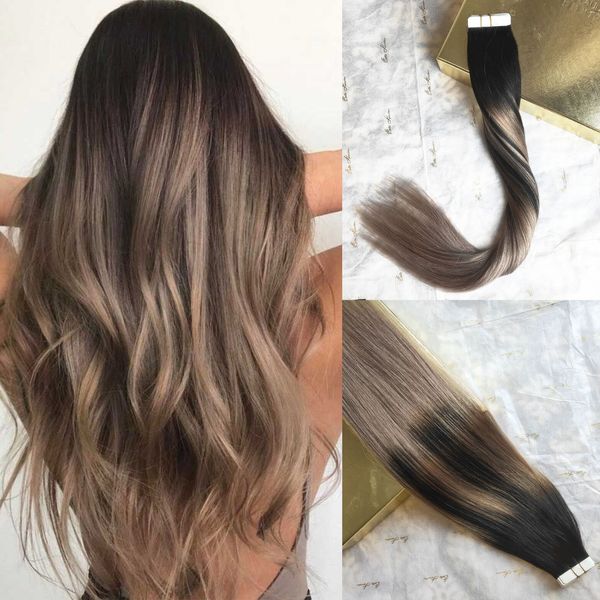 Bande de cheveux humains vierge Remy de qualité de luxe dans les extensions Balayage met en évidence noir avec ruban adhésif invisible blond cendré sur les extensions de cheveux