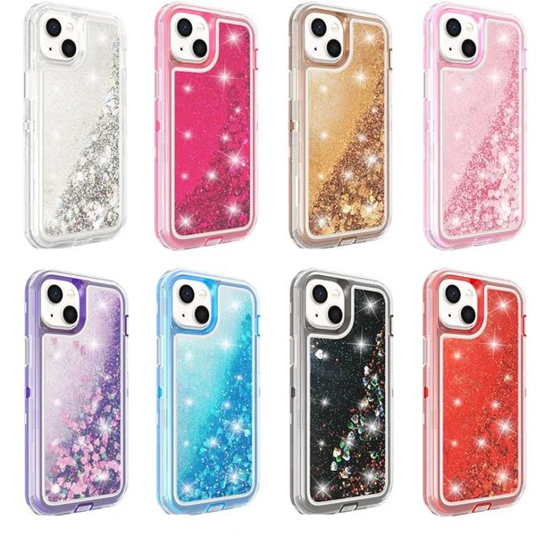 Étuis de téléphone portable de luxe Quicksand pour iPhone 15 14 13 12 11 Pro Max XR XS Max Bling Bling Glitter Flottant Quicksand Heavy Duty Couverture antichoc