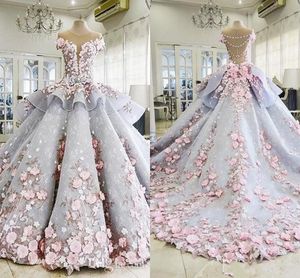 Luxe Quinceanera Ball Jurk Jurk Dresses 3d Floral Lace Applique Cap Mouwen Zoet 16 verdieping Lengte Sheer Back Puffy Party Prom Evening241J