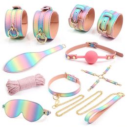 Luxe regenboog kleur BDSM bondage kit hoofdsteunen set handboeien blinddoek mond bal gag hogtie bondage touw erotische seksproducten 240106