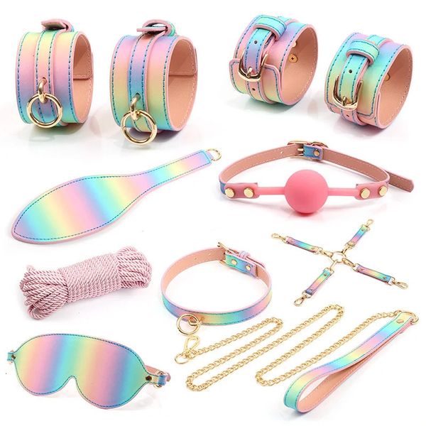 Luxe arc-en-ciel couleur bdsm bondage kit contraintes ensemble menottes yeux bandés bouche balle gag hogtie bondage corde produits de sexe érotique 240106