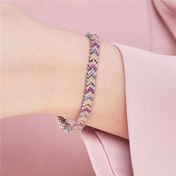 Luxury Rainbow s925 Cadena de pulsera de diseñador de plata esterlina para mujer Colorful 5A Cubic Zirconia Pulseras de mujer Diamond Charm Exquisite Bangles Jewelry Gift Box