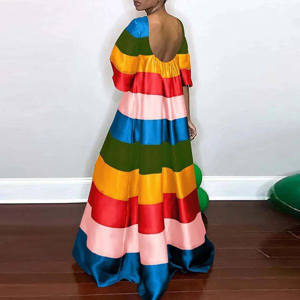 Robe de soirée Rainbow Striped Women Robe 2023 Sexy Elegant Elegant Loose Short Sleeve Maxi Dres Backless Oneck Bohe Robes 240419