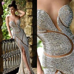 Lujo Rami Salamoun Vestidos de noche Joyas Rhinestone Sin espalda Sirena Vestidos de baile Cuello transparente Sin mangas 100% Real Pos Pagea311E