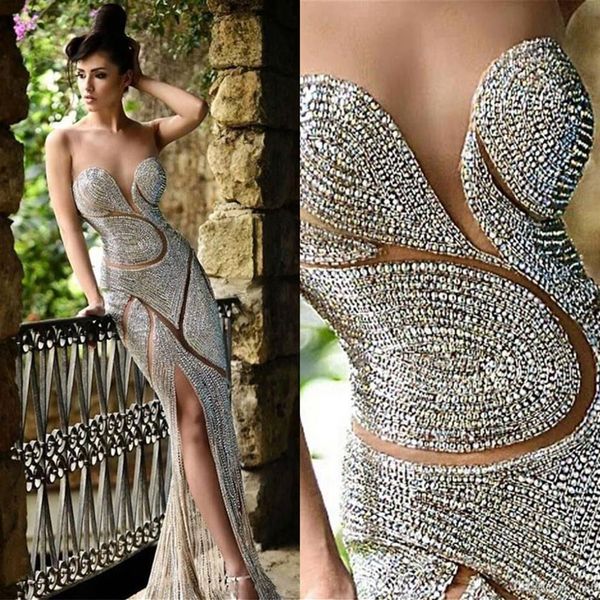 Lujo Rami Salamoun Vestidos de noche Joyas Rhinestone Sin espalda Sirena Vestidos de baile Cuello transparente Sin mangas 100% Real Pos Pagea292I