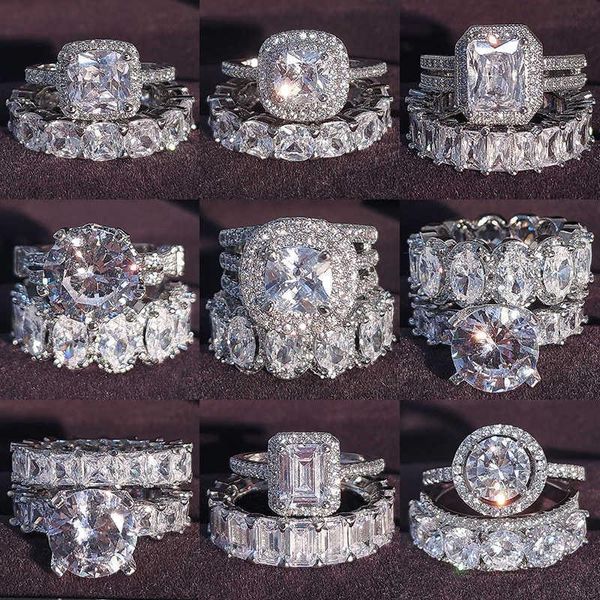 Anillos de plata de ley 925 auténtica de lujo, conjunto de anillo de boda de corte princesa ovalado para mujer, banda de compromiso, joyería de eternidad, Zirconia R4975 P0818