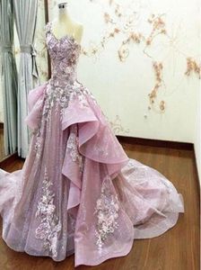 Luxe echt imago roze prom jurken afneembare trein pure nek ruches bloem applique kralen avondjurk lente zomer kristal p4616009