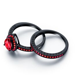 Luxe echte ovale briljant geslepen diamanten bruiloft zwart paar ring set voor vrouwen verlovingsband 18K goud gevulde eeuwigheid sieraden rode zirkonia
