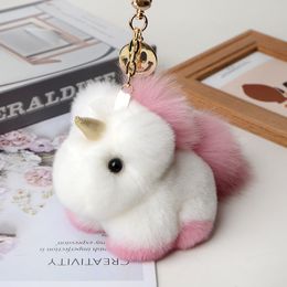 Luxe réel Rex lapin fourrure licorne porte-clés en peluche poney pendentif sac voiture porte-clés femmes dames porte-clés mode cadeau d'anniversaire