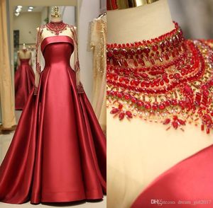 Luxe rouge une ligne robes de soirée bijou cou dentelle appliques manches longues robe de soirée en satin robes de soirée porter des robes de soirée￩e vestidos