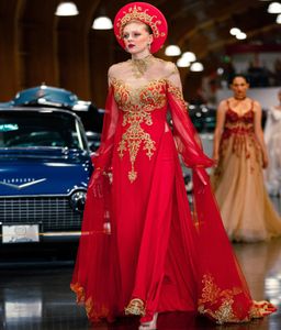Vestido de noche árabe rojo de lujo 2022 con encaje dorado cuello alto caftán vestidos de fiesta marroquíes ropa de fiesta Formal Vestidos De Noche Robe De Mariee Vestido Gala Femme