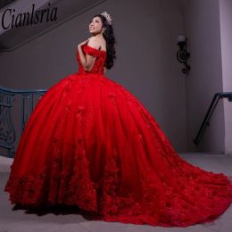 Vestido de pelota roja de lujo dulce 16 vestidos de quinceanera 2023 Flores 3D Flowers 3D Appliques Vestidos de 15 Anos