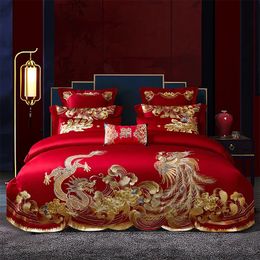 Luxo vermelho estilo chinês casamento conjunto de cama ouro loong phoenix bordado escovado capa edredão colcha roupa fronhas 240112