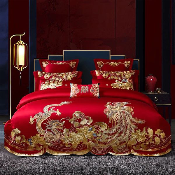 Ensemble de literie de luxe de Style de mariage chinois rouge Loong Phoenix broderie housse de couette brossée couvre-lit taies d'oreiller en lin 240112