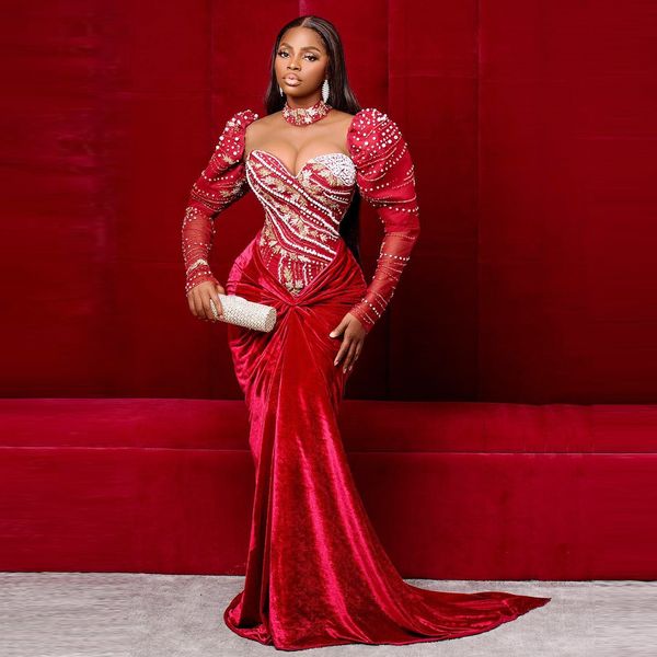 Robe de soirée de luxe rouge en velours et perles, tenue de célébrité, grande taille, Aso Ebi, robe de fête d'anniversaire, 2024
