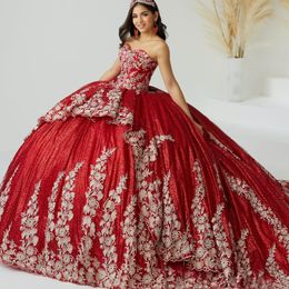 Luxe Rode Mexicaanse Quinceanera Jurken Baljurk 2024 Kralen Goud Applicaties Kant Sweet 16 Jurk Lace-Up Vestidos De 15 Anos