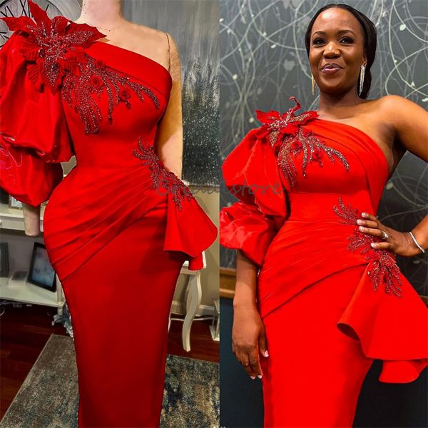 Robe de bal d'épaule rouge de luxe pour les filles noires Crystal Crystal 3d Florals Robe de soirée Sirène Longueur du sol Satin Vestidos de Fiesta 2024 Fête formelle
