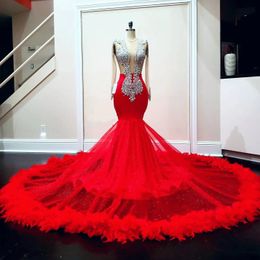 Luxury Red Prom Dresses For Black Girl 2022 Beading Sequined Crystal Long Sleeve Feathers Backless Sexy Mermaid Gowns Graduation Party Evening Dress