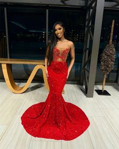 Robe de bal de luxe rouge strass velours paillettes Blackgirl sirène fête femmes élégantes voir à travers robes formelles 240327