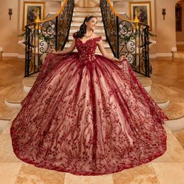 Luxe rode glanzende baljurk Quinceanera -jurken van de schouder kanten kralen kristal tull bruidsjurk feest bruid jurken vestidos 15 de