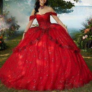 Luxe Rode Glanzende Quinceanera Jurk 2024 Baljurk Prinses Kapel Trein Bloem Appliqué Sweet 15 16 Verjaardagsfeestje Jurk Optocht Miss