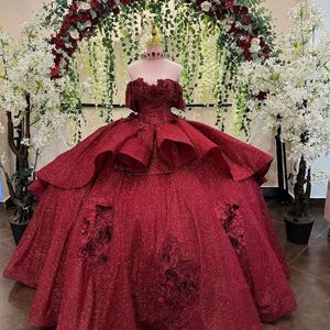 Luxe rouge brillant chérie Quinceanera robes fleurs Appliques dentelle fleurs cristal doux 16 robes De bal robes 15 De