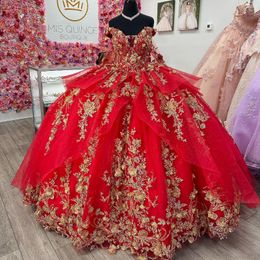 Luxe Rode Sweetheart Prinses Quinceanera Jurken Off Schouder Sparkly Applicaties Kant Kristal Tull Vestidos De 15 Anos Prom Party Dress