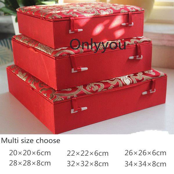 Caja de madera cuadrada grande de época roja de lujo, colección de platos, cajas de almacenamiento de brocado de seda china, artesanías decorativas, caja de embalaje de regalo