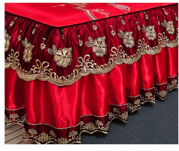 Luxury Red Wedding Lace Bed Bed Jirt Mat Soft Mat Chinese Style Bedpread for Double Taille lit Treece Set Machine Washable