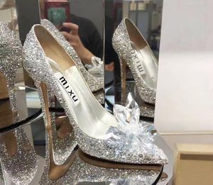 Zapatos de novia con diamantes de imitación para boda, zapatos sexys de cristal plateado con punta en pico, tacón de aguja para mujer, zapatos de banquete para mujer, 5cm, 7cm, 9cm