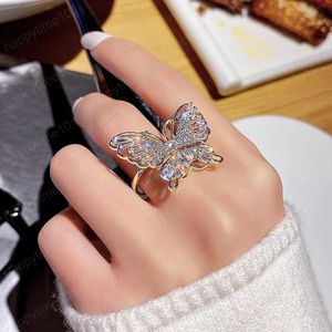 Anillo de mariposa de diamantes de imitación de lujo para mujer, mariposas de piedras preciosas de cristal, anillos abiertos, regalo de joyería para fiesta de compromiso