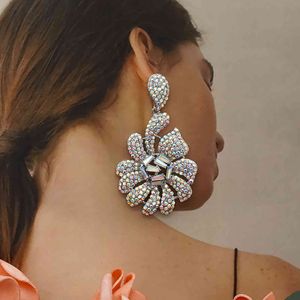 Boucles d'oreilles longues à fleurs en cristal strass pour femmes, bijoux de luxe, pendantes, cadeaux de fête de mariage