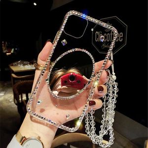 Étuis de téléphone miroir de diamants de strass de luxe brillent transparent avec corde pour iPhone 13 XS XR 12 Pro Max 11 étui de couverture de design de mode