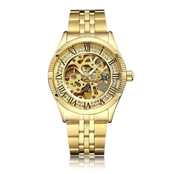 Reloj mecánico dorado con esqueleto de diamantes de imitación de lujo para hombre, relojes automáticos de cuerda automática, reloj de pulsera con banda de acero inoxidable, relojes de pulsera masculinos