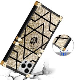 Luxe Rhinestone Square Phone Cases Bling Metal Case Shell voor iPhone 13 12 11 Pro Max XR XS 8 7 Classic Designer Protective Cover met houder