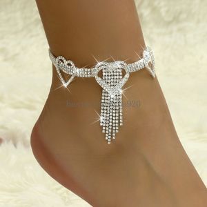 Luxe Rhinestone Tassel -keten Ankjes Women Crystal Heart enkelarmband op been trouwfeest sieraden voet accessoires