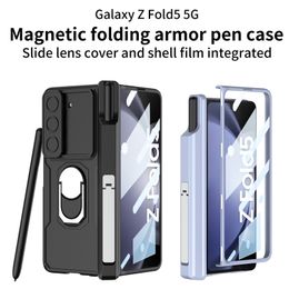 Luxe Ringhouder Armor Vogue Telefoonhoesje voor Samsung Galaxy Z Opvouwbare Fold5 5G Push Window Magnetisch scharniermembraan Hybride robuuste standaard Fold Shell met pensleuf